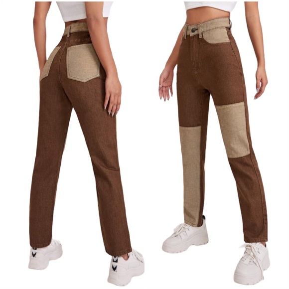 NWT SHEIN Brown Color Block Patch Jeans Size 2 Extra Small - Picture 7 of 9